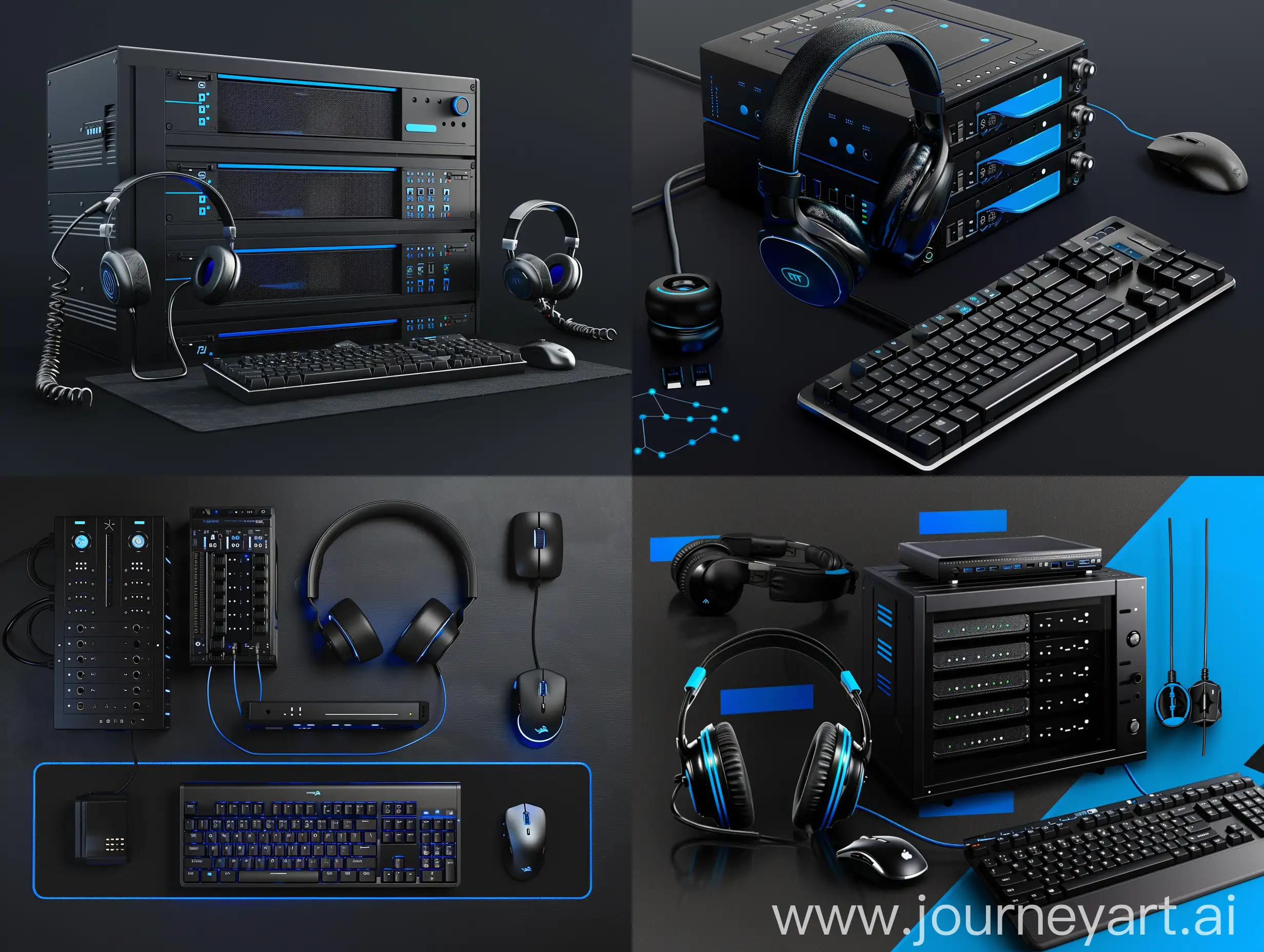 Ein Server mit Headset, Maus und Tastatur, schwarzem Hintergrund, blauen Akzenten und keinem Text