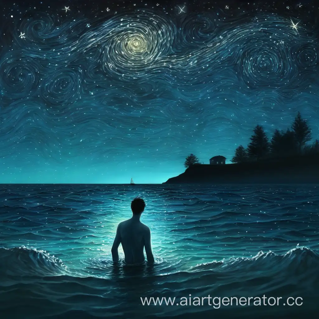 море, звездная ночь, темно, лето, парень лежит в воде на волнах рядом с берегом