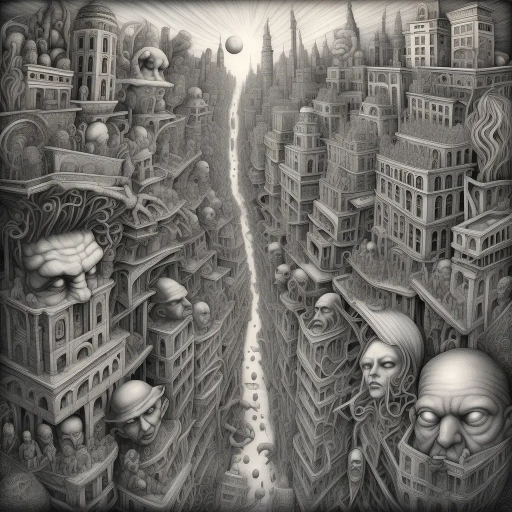 Intricate Surrealistic Cityscape with Lovecraftian Figures