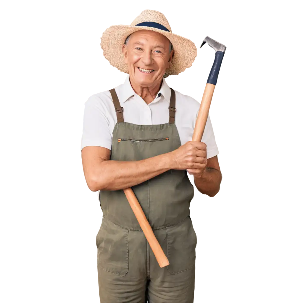 портрет пожилой садовник, он улыбается, на голове летний головной убор, в руках у него инструмент, смотрит на меня