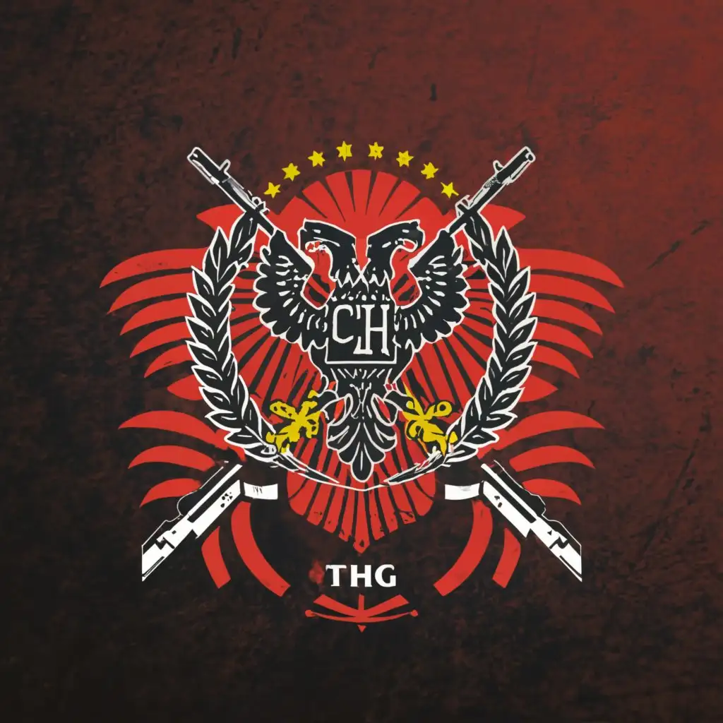 a logo design,with the text "THG GROUP", main symbol:ALBANIAN FLAG with ak 47,complex,clear background