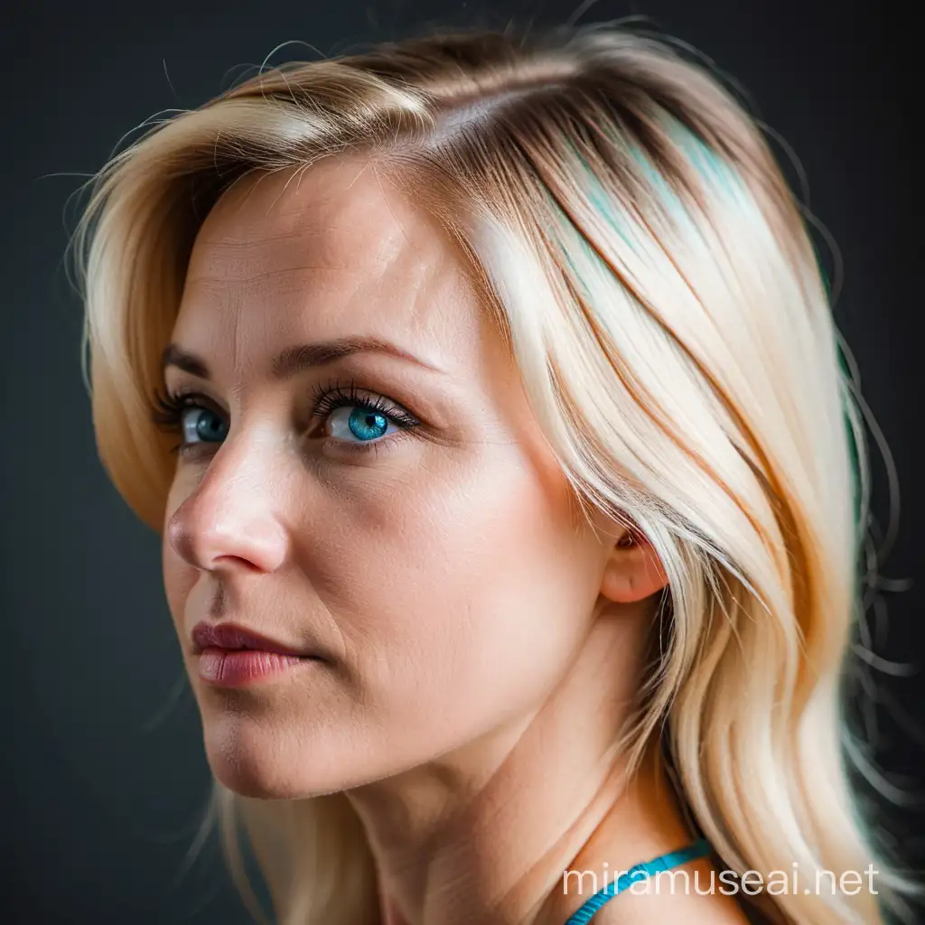 Side profile headshot of an unattractive middle aged Ukrainian woman  with blue eyes and dyed blonde hair. 