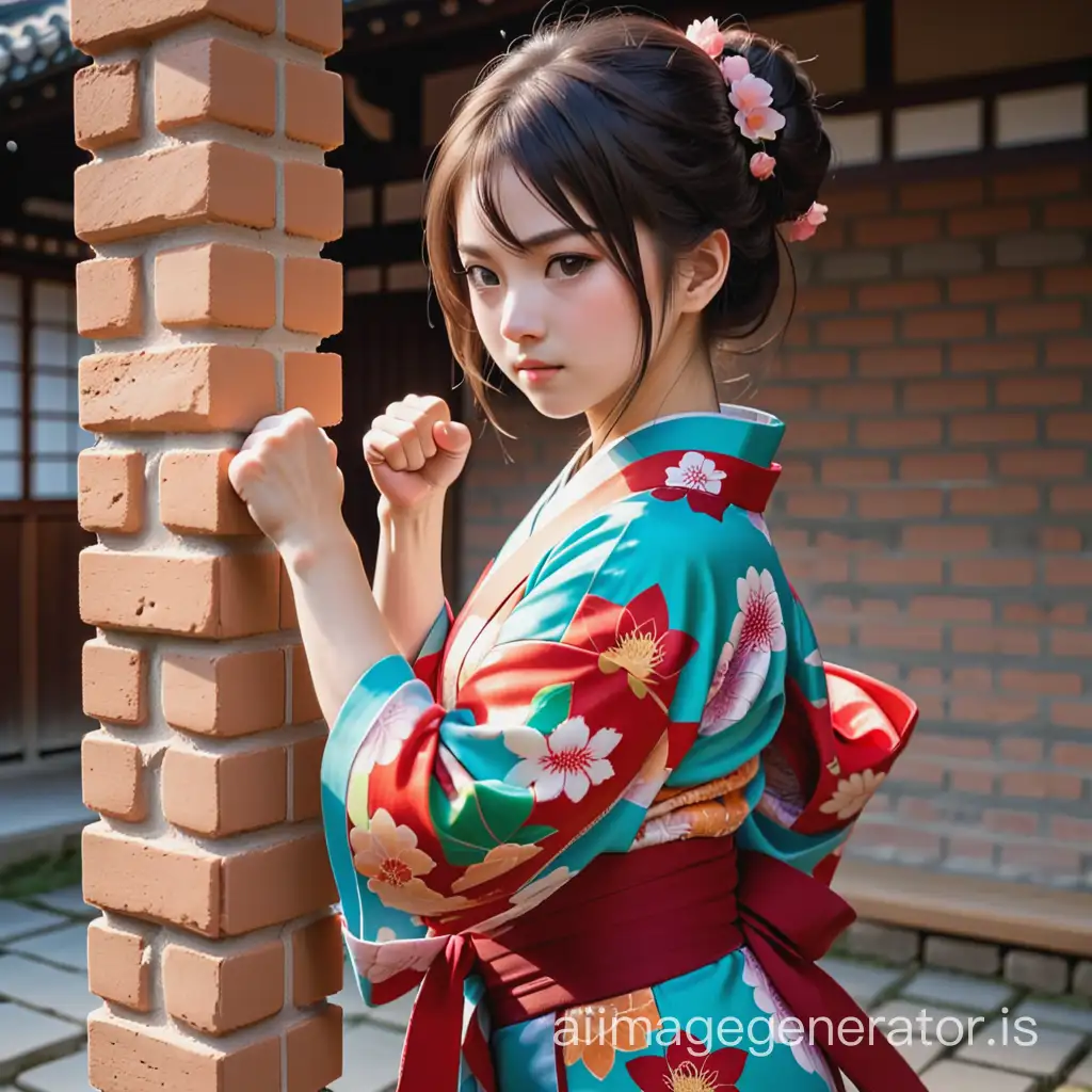 The girl in a kimono breaks a brick with her fist