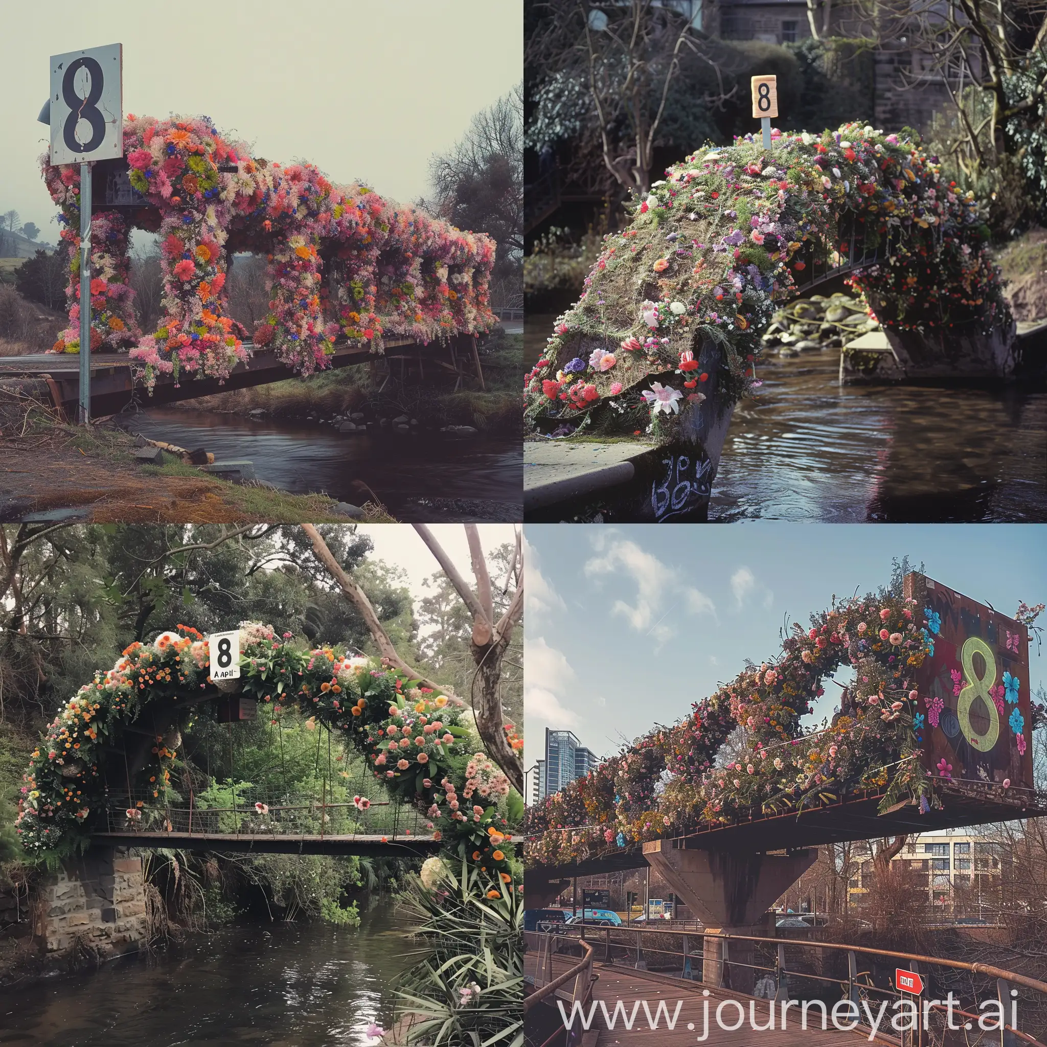 мост, укутанный цветами, и надпись 8 МАРТА