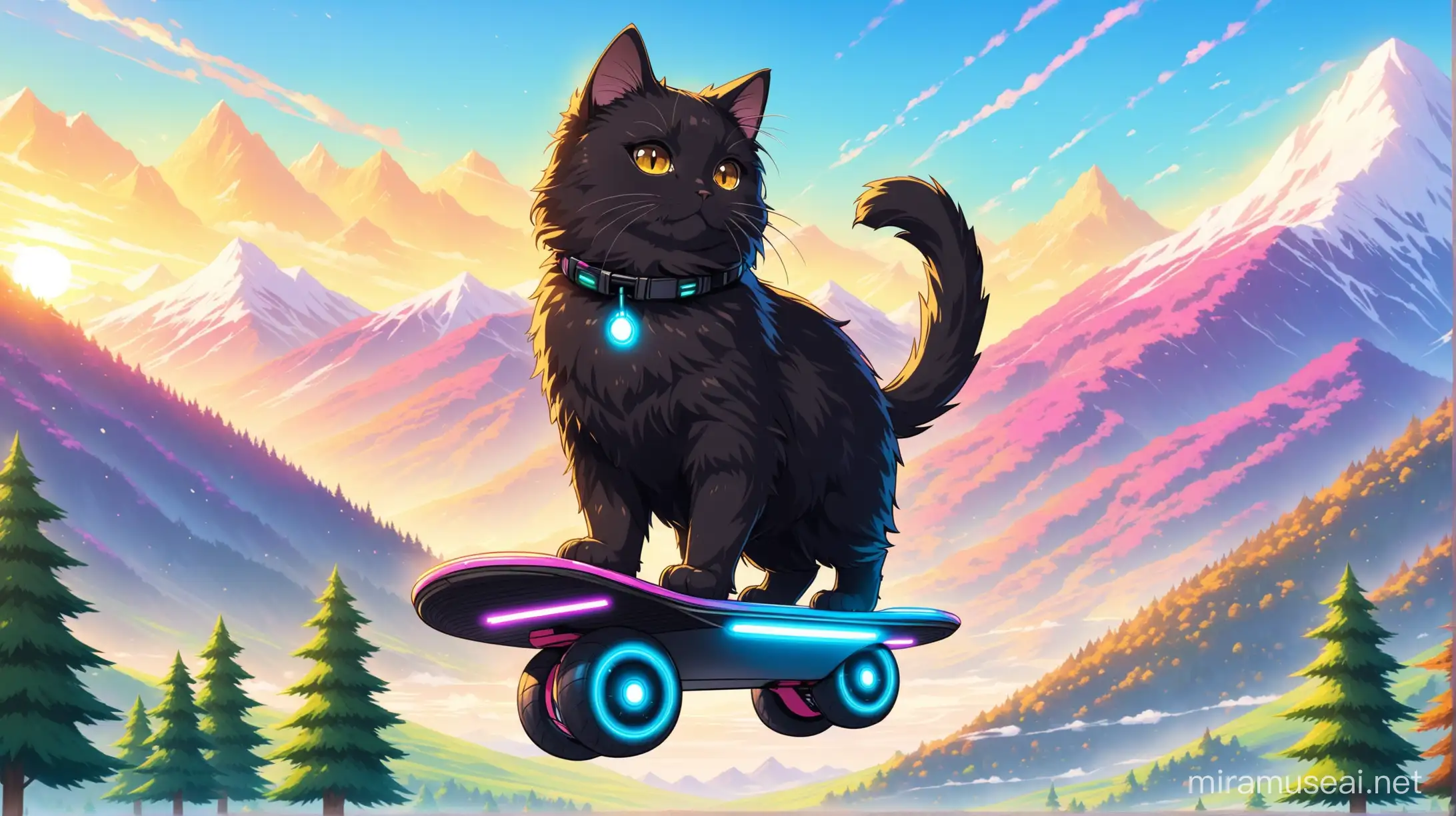 Black fluffy cat on a hoverboard sees the sugar trees next to the mountains