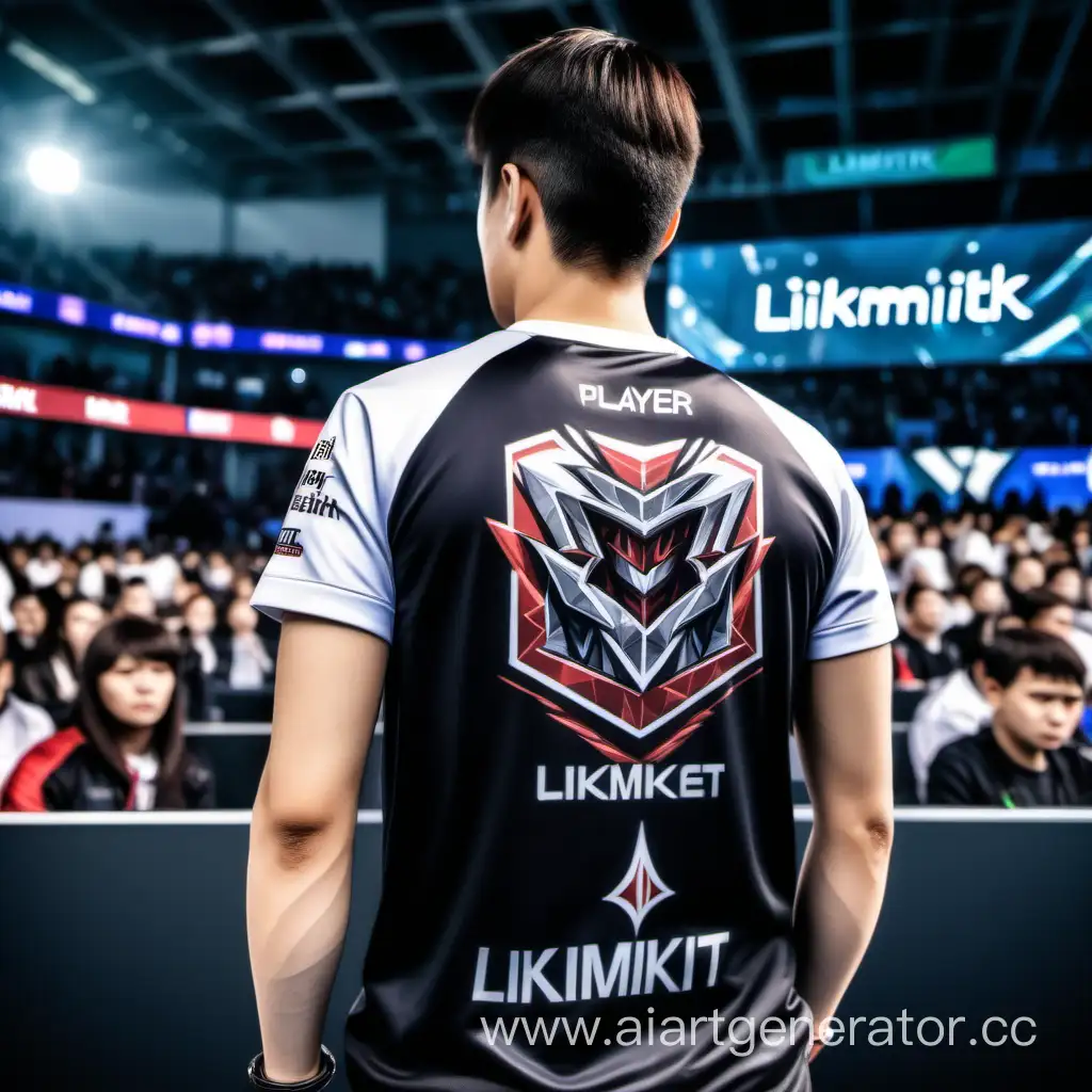 art about a player with his back with the inscription on his clothes Likmiktik in a semi-open state at the mobile World Championship against the background of the stands from the world mobile game championship