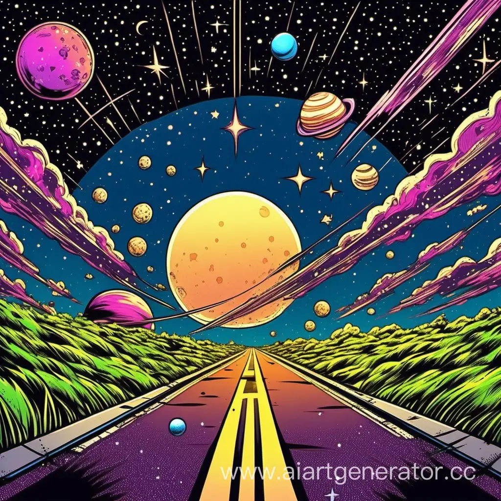 Lonely-Highway-in-80s-Comics-Style-Celestial-Journey-with-Planets-and-Stars