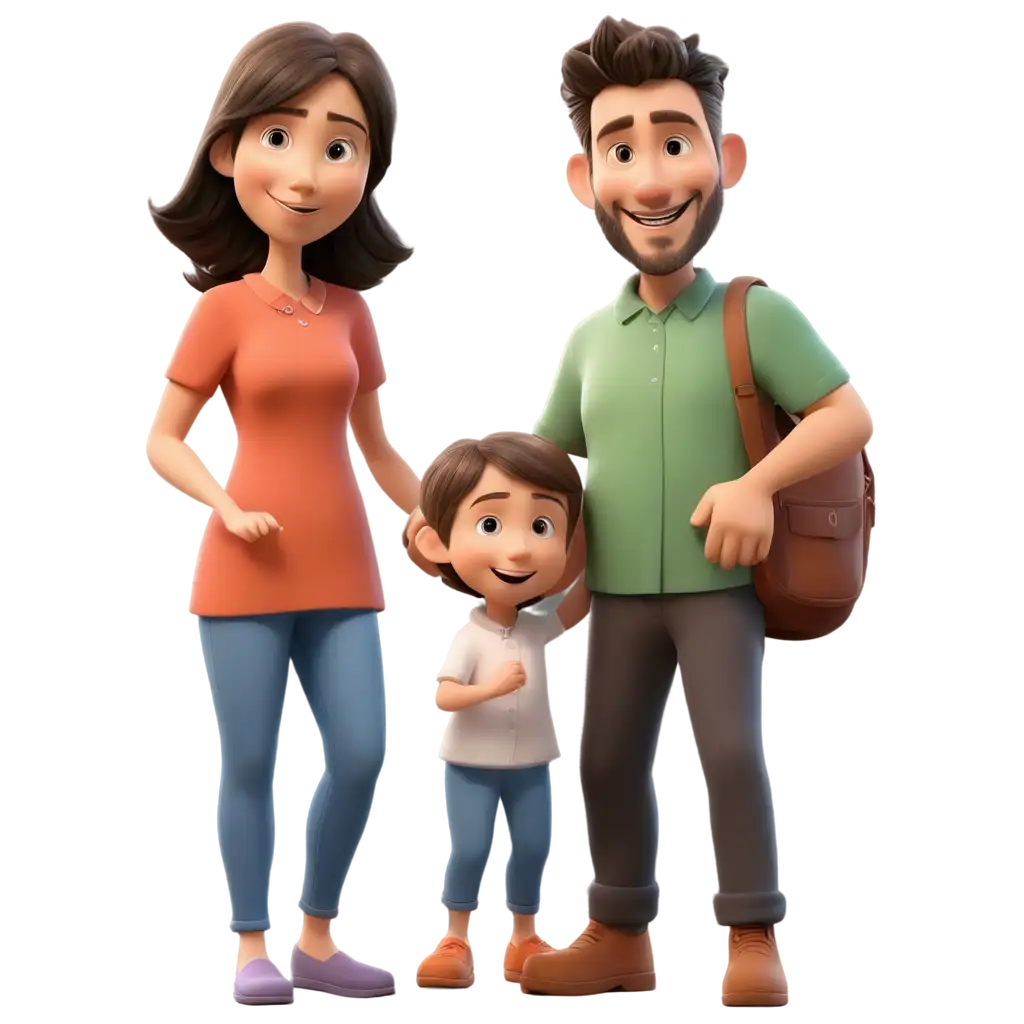 cartoon 3d, parents and little child