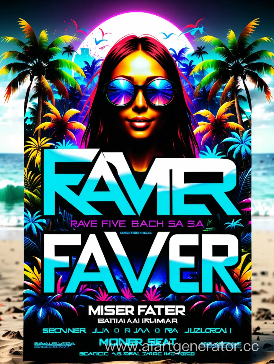 Background information for the flyer includes a vibrant rave party by the sea featuring stunning digital AI art, incredibly realistic special effects, an open-air beach setting, and exciting jungle techno events.