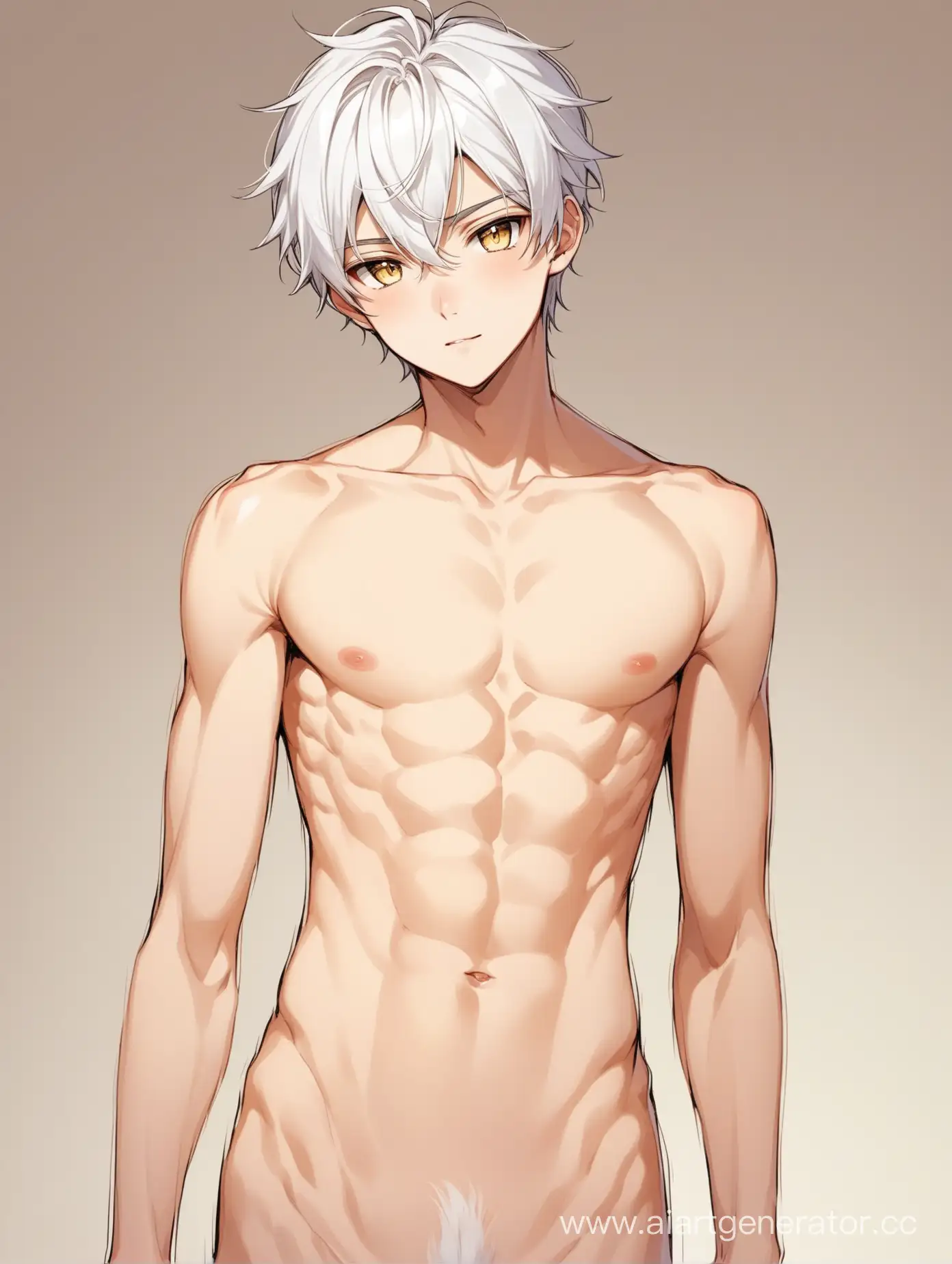 An 18-year-old boy with white hair and golden eyes. Bright skin. The physique is fragile, refined and graceful. A sweet and handsome boy with a cute face, slender and beautiful body. He is 165 centimeters (5ft 5in) tall and weighs 60 kilograms (132.28Ibs). Twink. His gender is male. Sexy boy