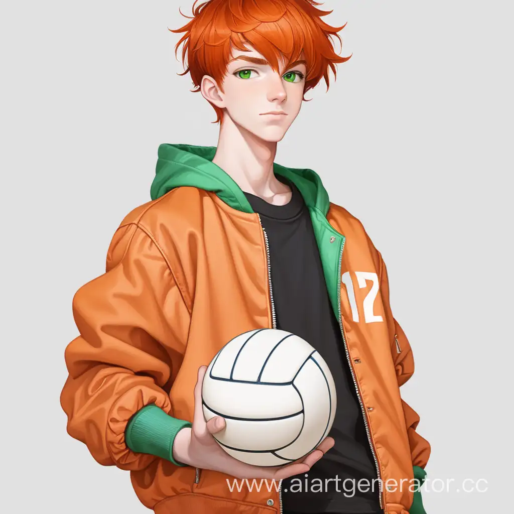 парень 17 лет рыжие волосы и зеленые глаза. черная футболка  и оранжевая тонкая куртка . джинсы . стоит и держит волейбольный оранжевый мяч. 