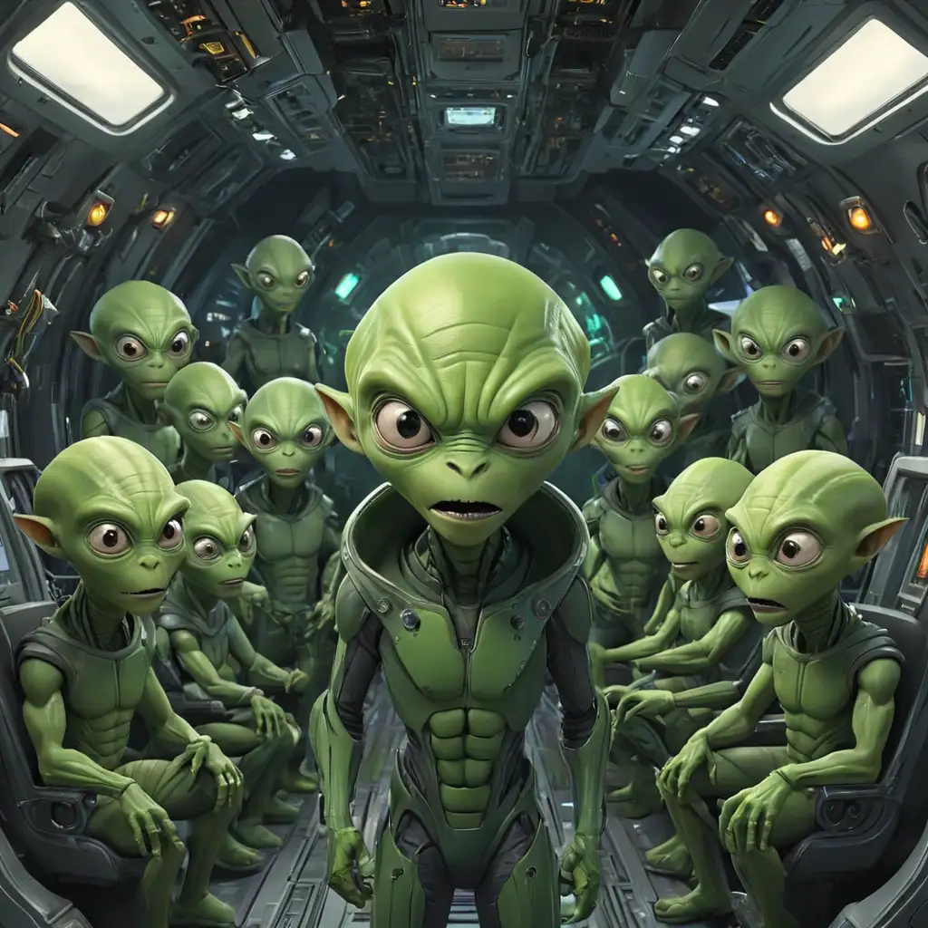 Erstelle ein Bild, mit einer gruppe von 12  freundlichen, lustigen, alien, der halb maschine und halb grünes Alien ist,  in einem futuristischen Raumschiff gezeigt werd,  Betone die einzigartige Verschmelzung von technologischen und außerirdischen Elementen in diesem Wesen.
