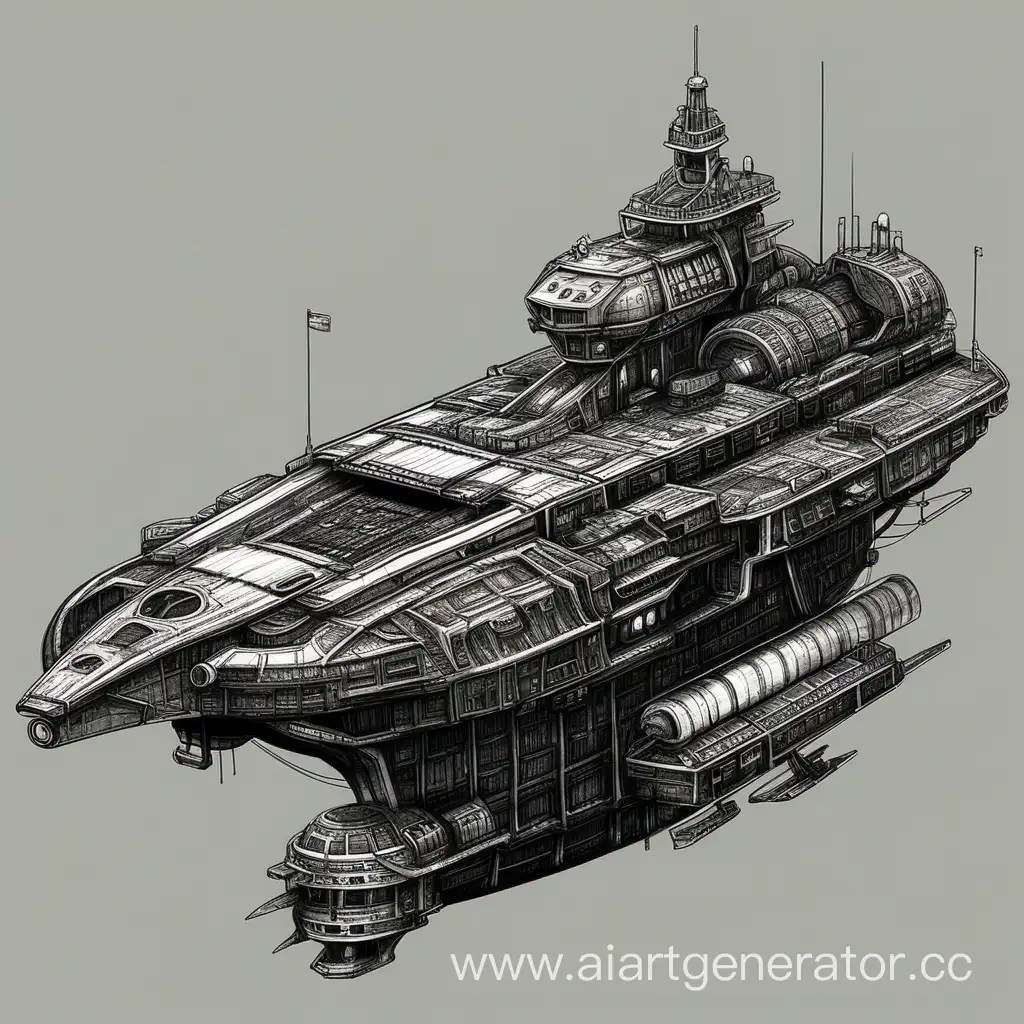 Нарисуй космический корабль в дизель панк стиле корабль огромный как крейсер и в его борту есть доку для более маленьких кораблей 
 