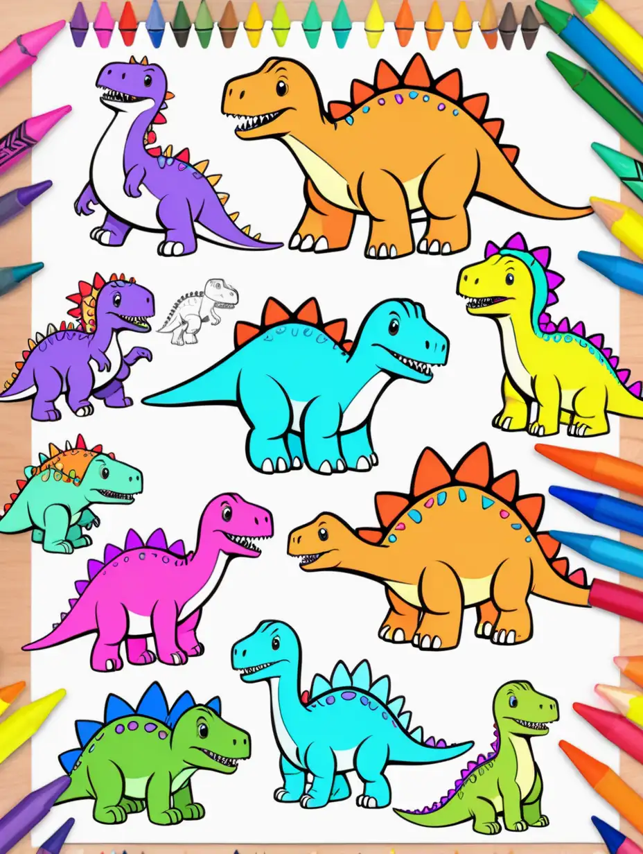 cute dinosaurs, vivid color, kids' coloring page, crayons around the edges
