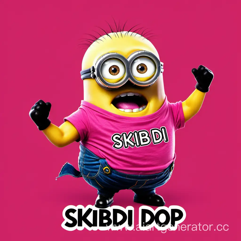 A big, pumped-up aggressive minion with a pink T-shirt with the word "SKIBIDI DOP DOP"