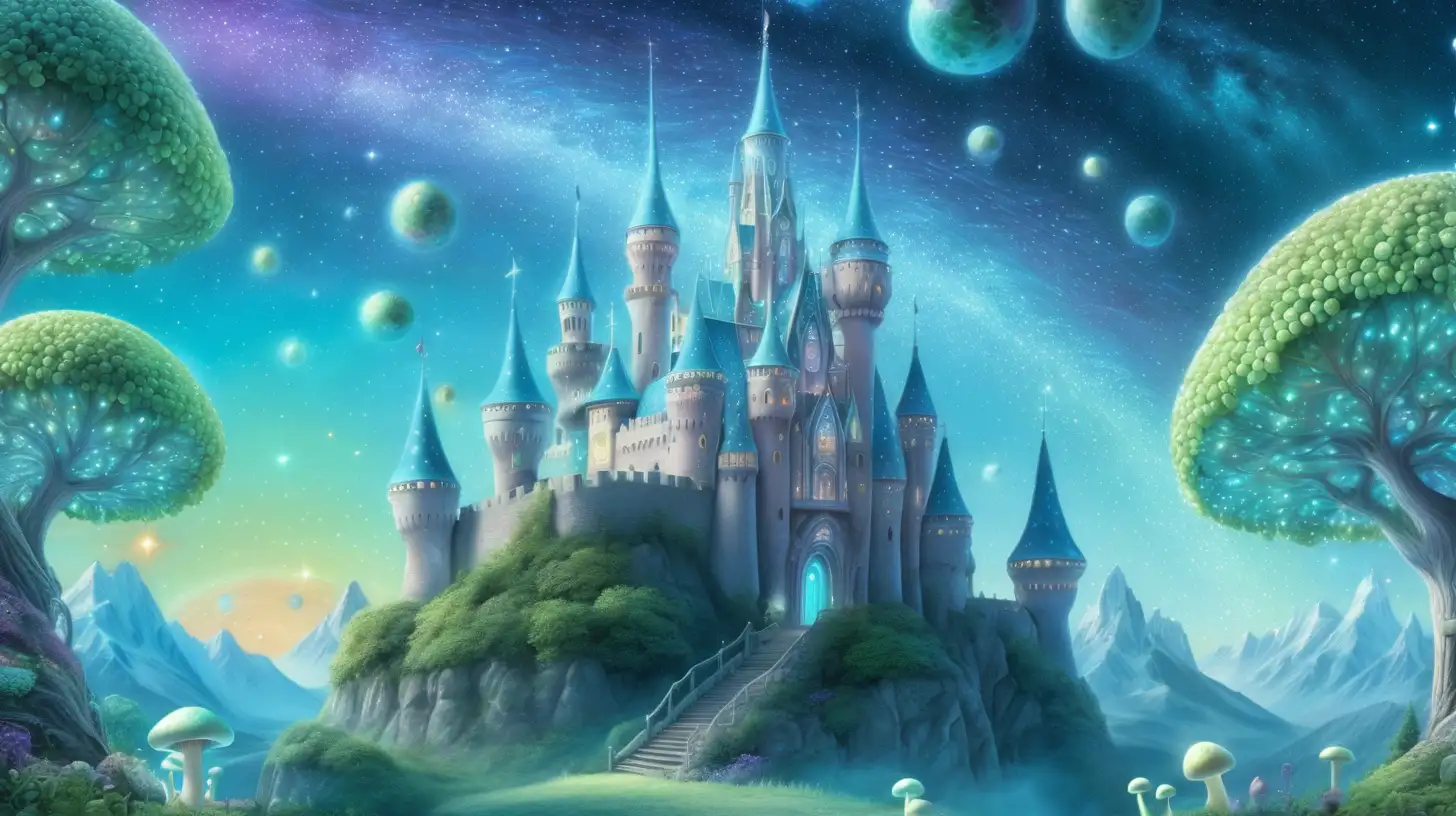 Enchanting Fairy Tale Scene Magical Grape Trees and Cosmic Castle