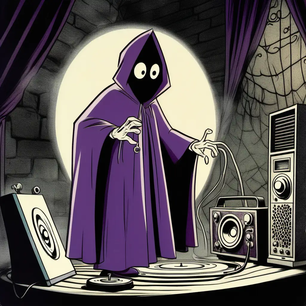 1950s cartoon, hanna babera cartoon style, skinny character acting creepy, wearing long purple cloak with hook covering head, cannot see face, little glowing eyes, cartoons, cobwebs, character listening to record player, character with no face, just black