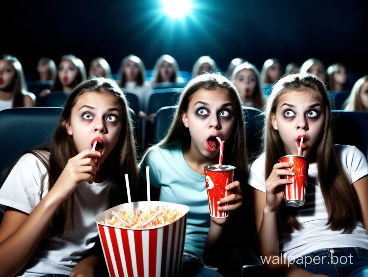 Teenage girls watching a scary movie at the cinema. They are drinking soda pop with a straw.