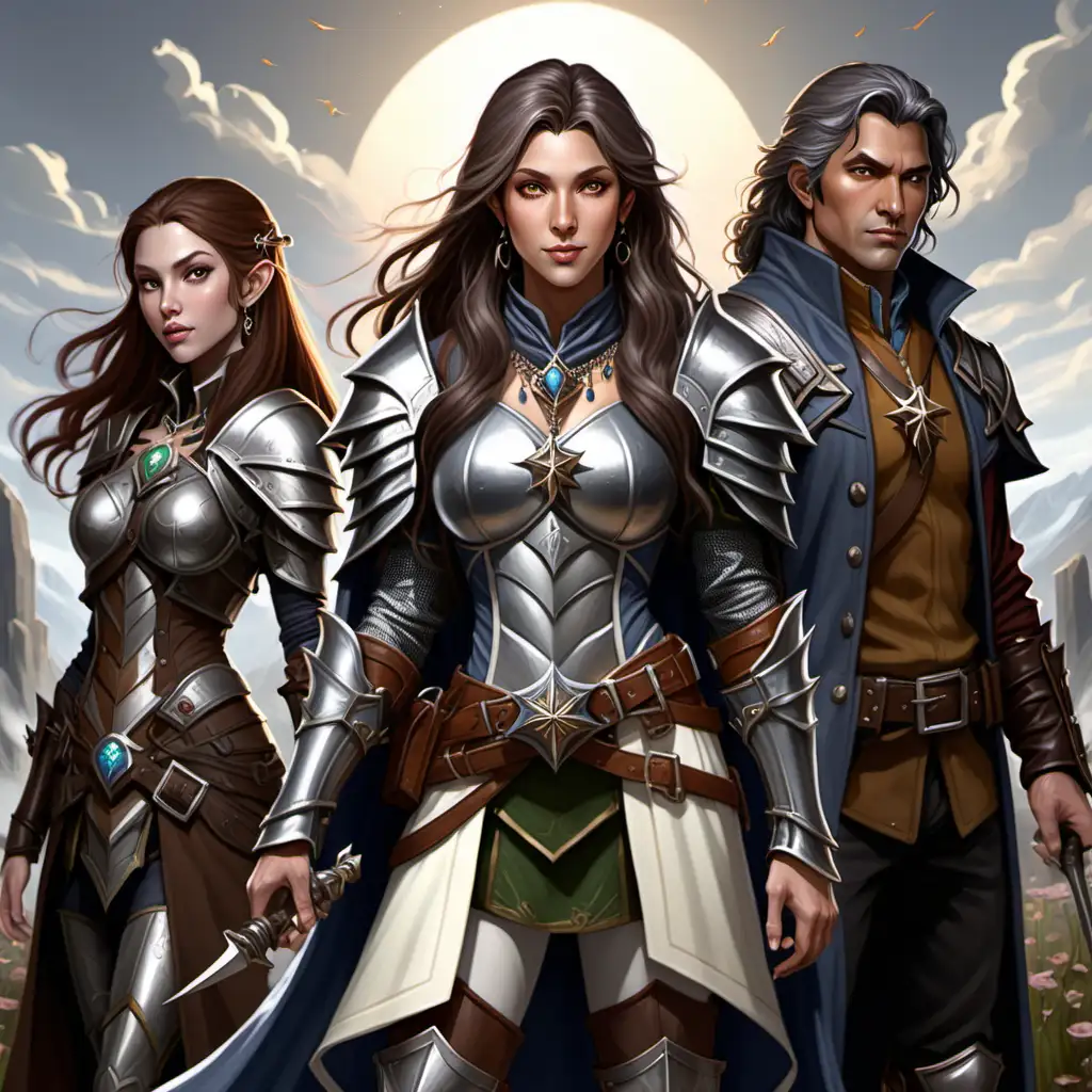 Family Portrait of  female Half elf paladin with long brown hair, tan skin, gray eyes, pinwheel earrings, long cowboy coat, scale armor, combat boots, no weapons and a small necklace and female elf with long graying brown hair, tan skin, gray eyes, and a necklace and 40 year old male human salt and pepper hair, sun weathered skin