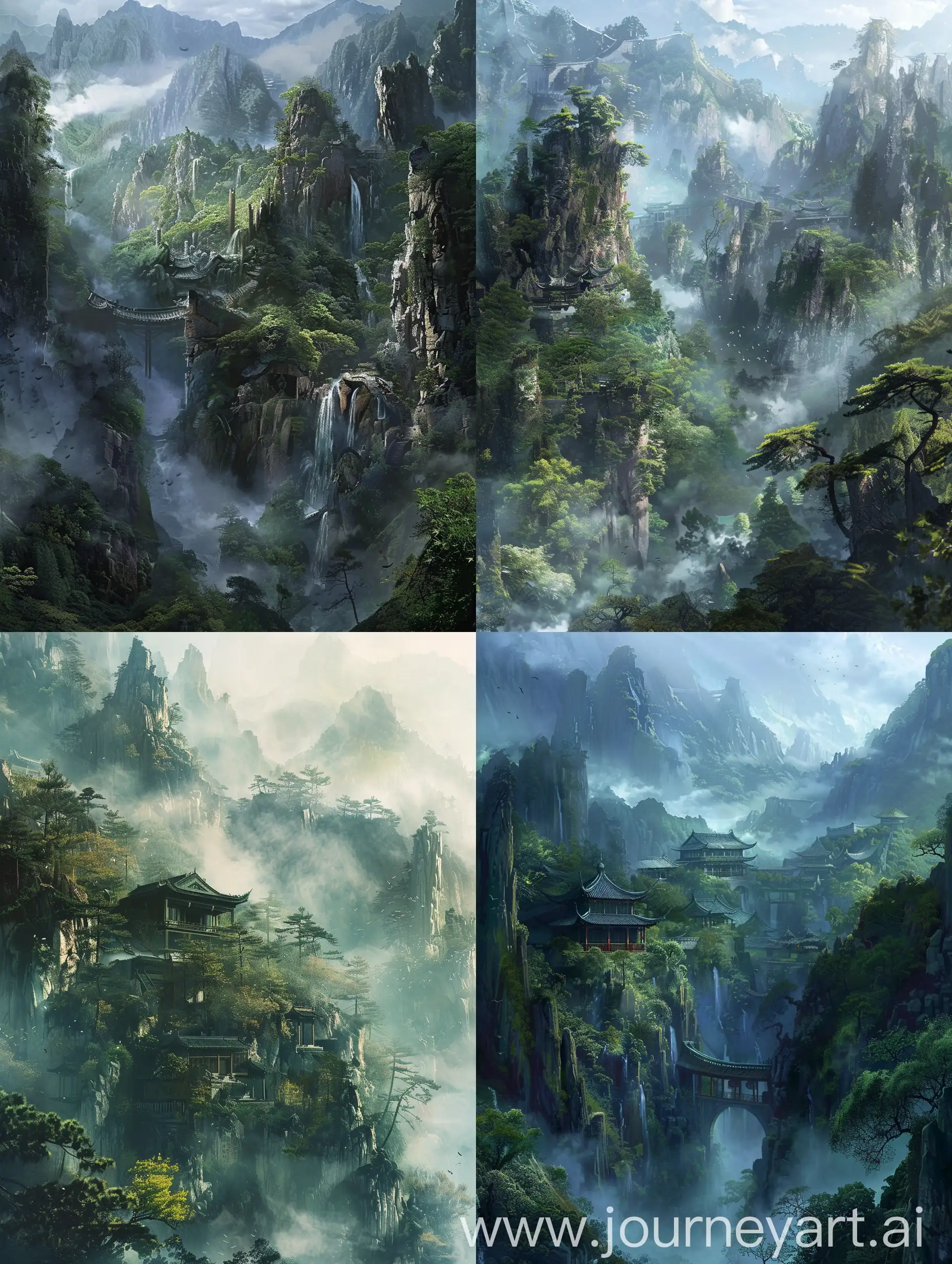 古代中国山林之中，神秘的氛围弥漫,超写实风格