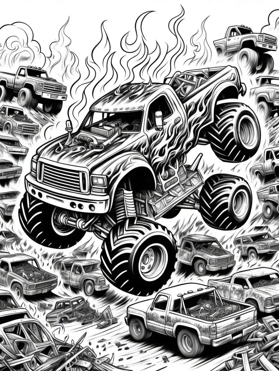 Monster Truck Battle Coloring Page Three Fiery Trucks Clash Over a Heap of Junk Cars