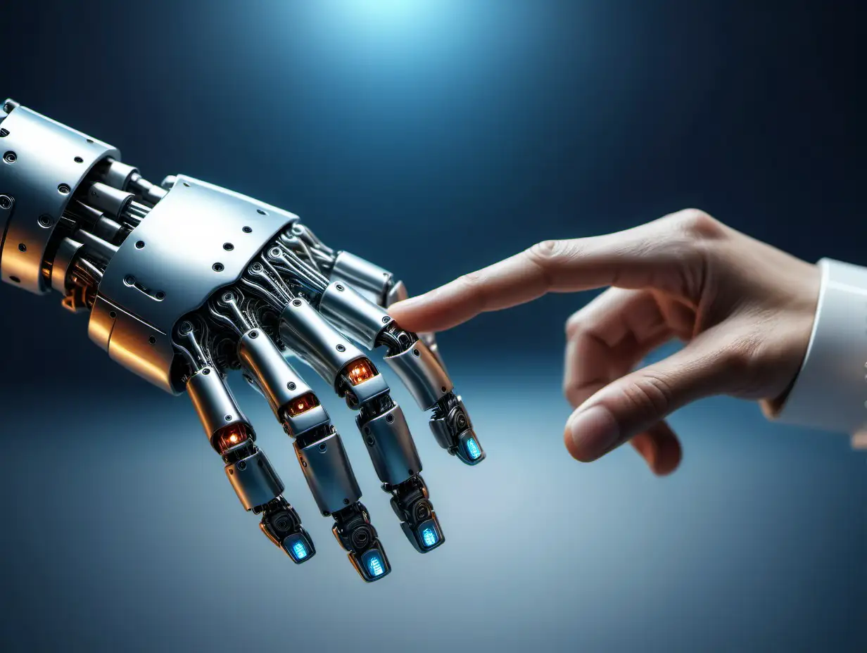 The human finger delicately touches the finger of a robot's metallic finger. Concept of harmonious coexistence of humans and AI technology,