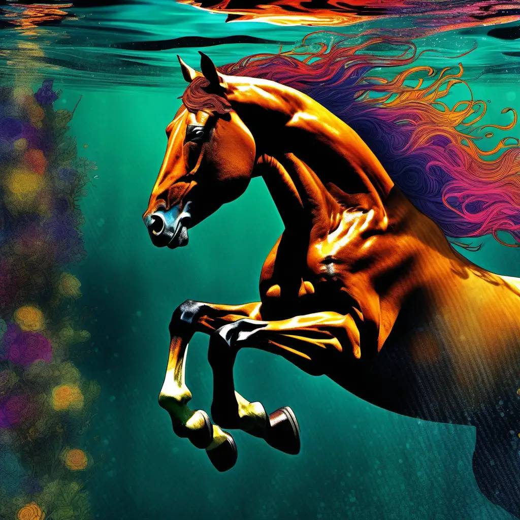 Horse mounts, under water, colorist, Gustav Klimt style, violent, vivid colors, cinematic style