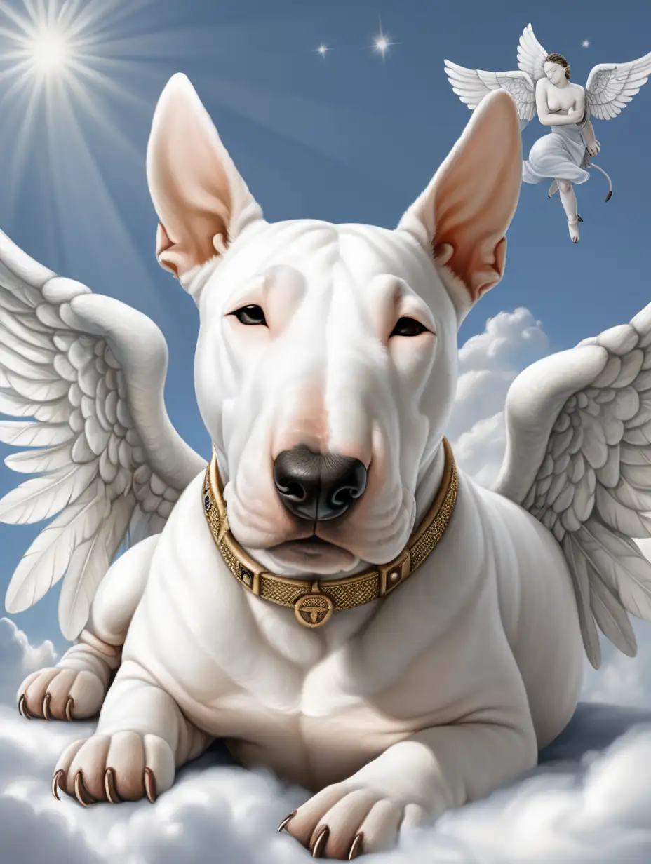 a  bull terrier white with a  black  spot in left eye with angel wings sleeping on
the clouds, in the style of
realistic usage of light and
color, illustration, light
amber and silver, 
realistic
--ar 2:3 --v 5.1 --s 300 --q2