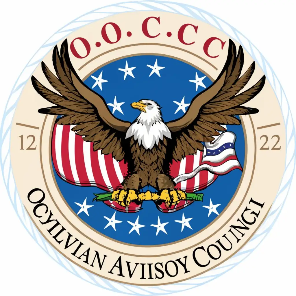 a logo design,with the text "OCAC  Otis Civilian Advisory Council", main symbol:eagle providing shelter and American flag.,Moderate,be used in Nonprofit industry,clear background