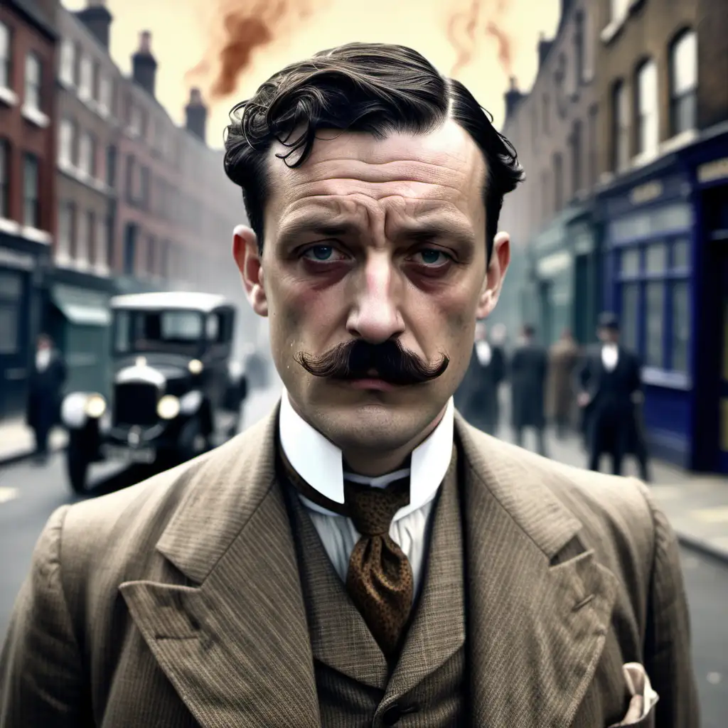 Full colour image. A weary-looking british murder detective. He wears a shabby 1920s suit and has a clipped moustache. The background is a london street.