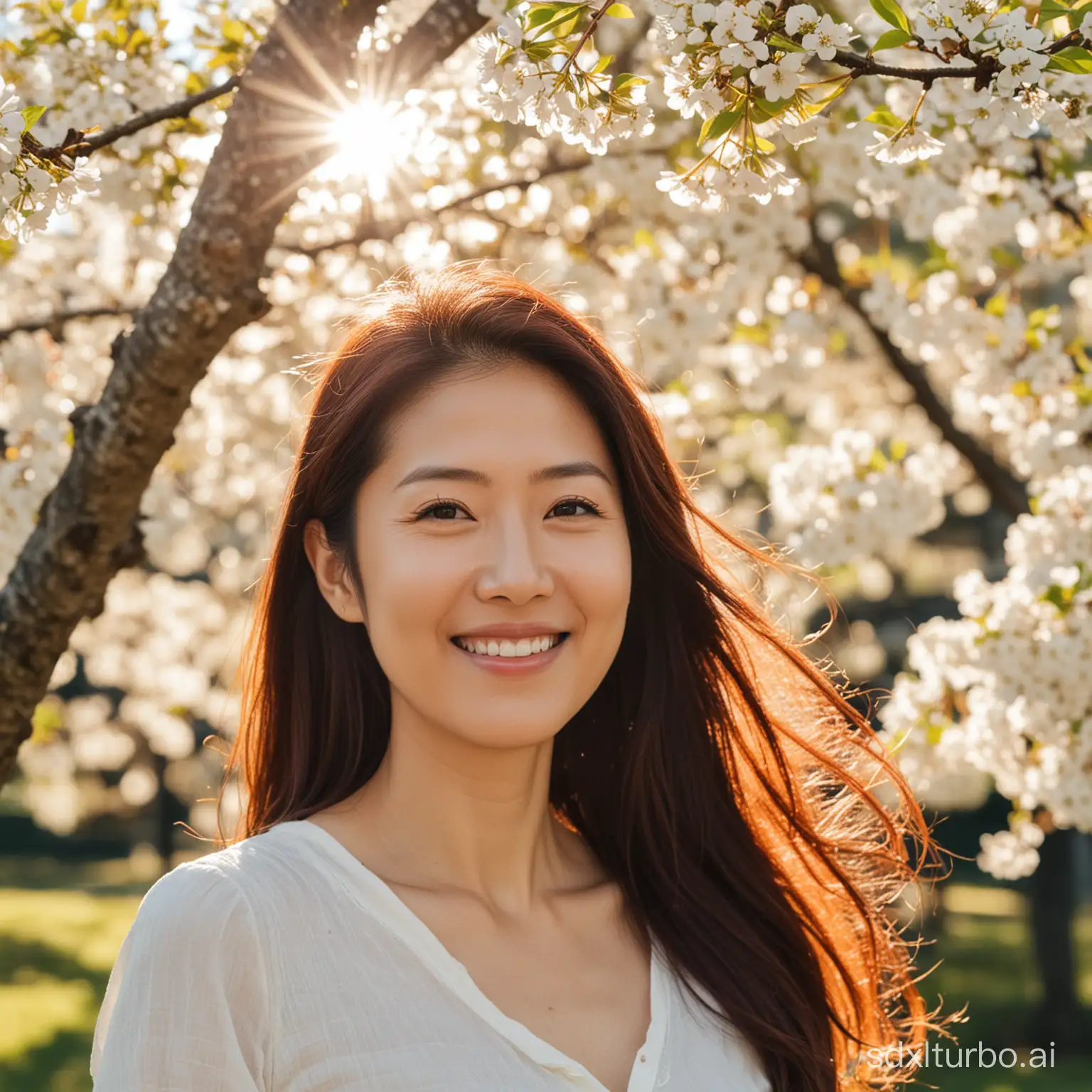 a Japanese woman around 35 years old smile to viewer, standing under a cherry tree with sunshine shining her face and long hair