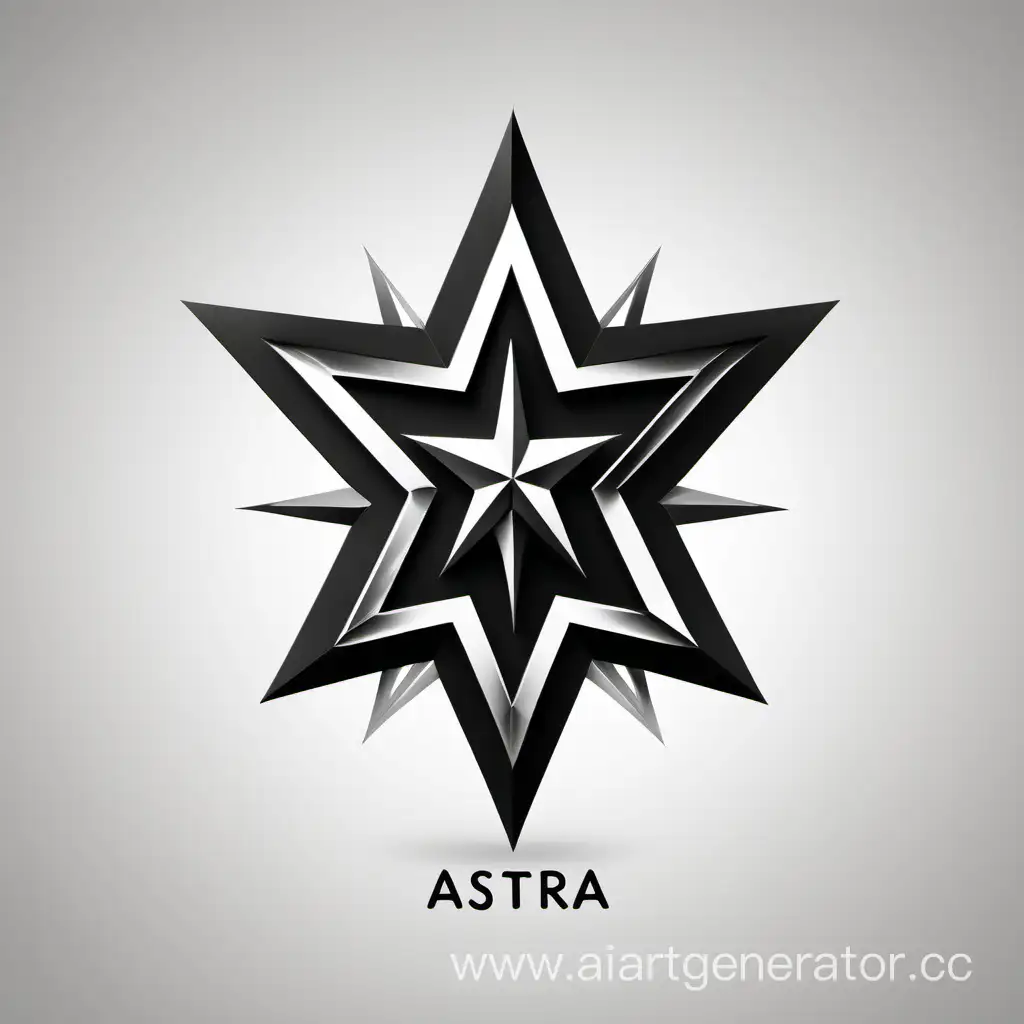 Логотип из слова АСТРА, симметричный, буква Т в форме звезды, черно белый.