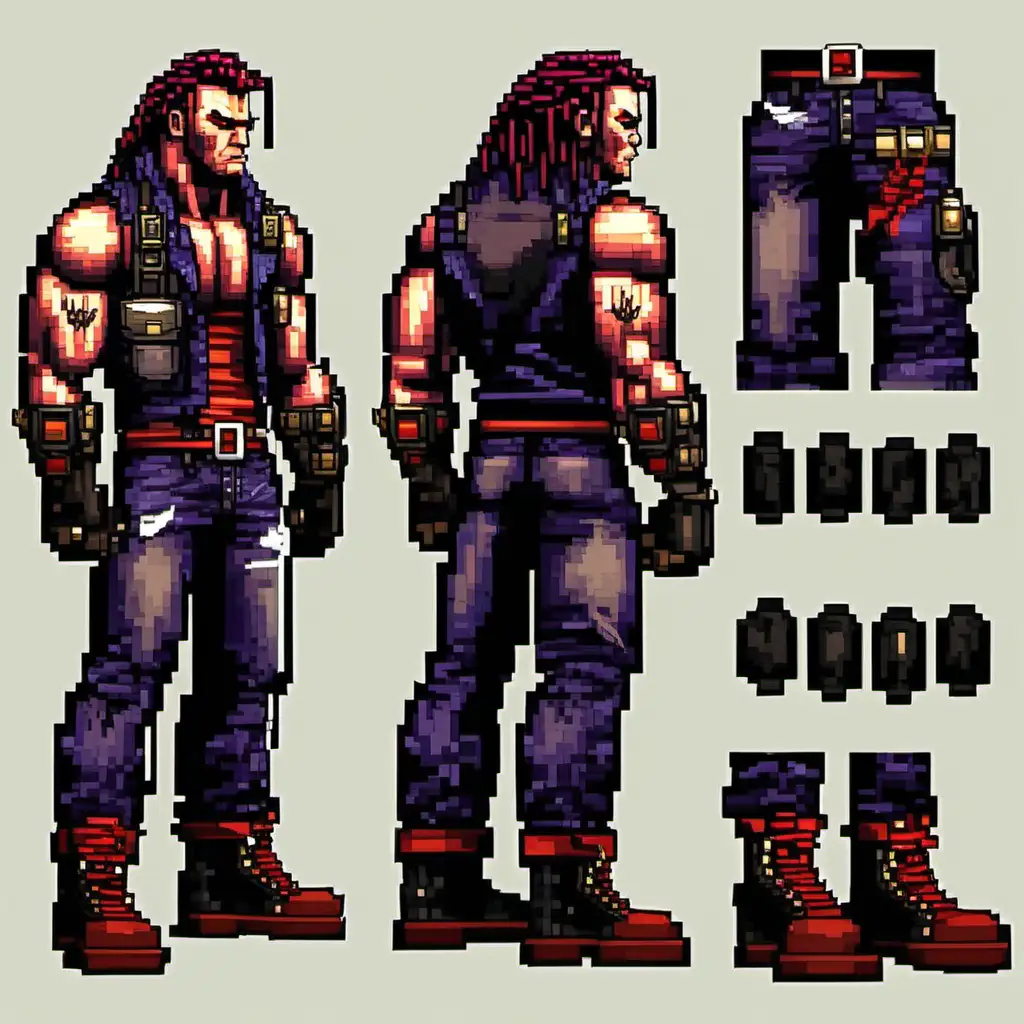 2d pixel art full body a burly and muscular figure " walking ", showcasing raw strength and toughness.
He wears a sleeveless black leather vest adorned with the gang's emblem – a fierce-looking raven in a combat stance.
A red bandana is wrapped around his forehead, emphasizing his intense and determined expression.
Pixel art details highlight his large, tattooed arms, showcasing a mix of tribal patterns and battle scars.
He wears dark cargo pants and combat boots, completing his rugged and imposing look.
 pixel art face is square-jawed, with a prominent scar across his left cheek, adding to his rough appearance.
His short, buzzed hair has a slightly faded pixel art texture, giving it a gritty look.
he has a pair of fingerless gloves with reinforced knuckles, emphasizing his brawler style.
His utility belt holds additional tools for close-quarters combat, such as brass knuckles and a chain.