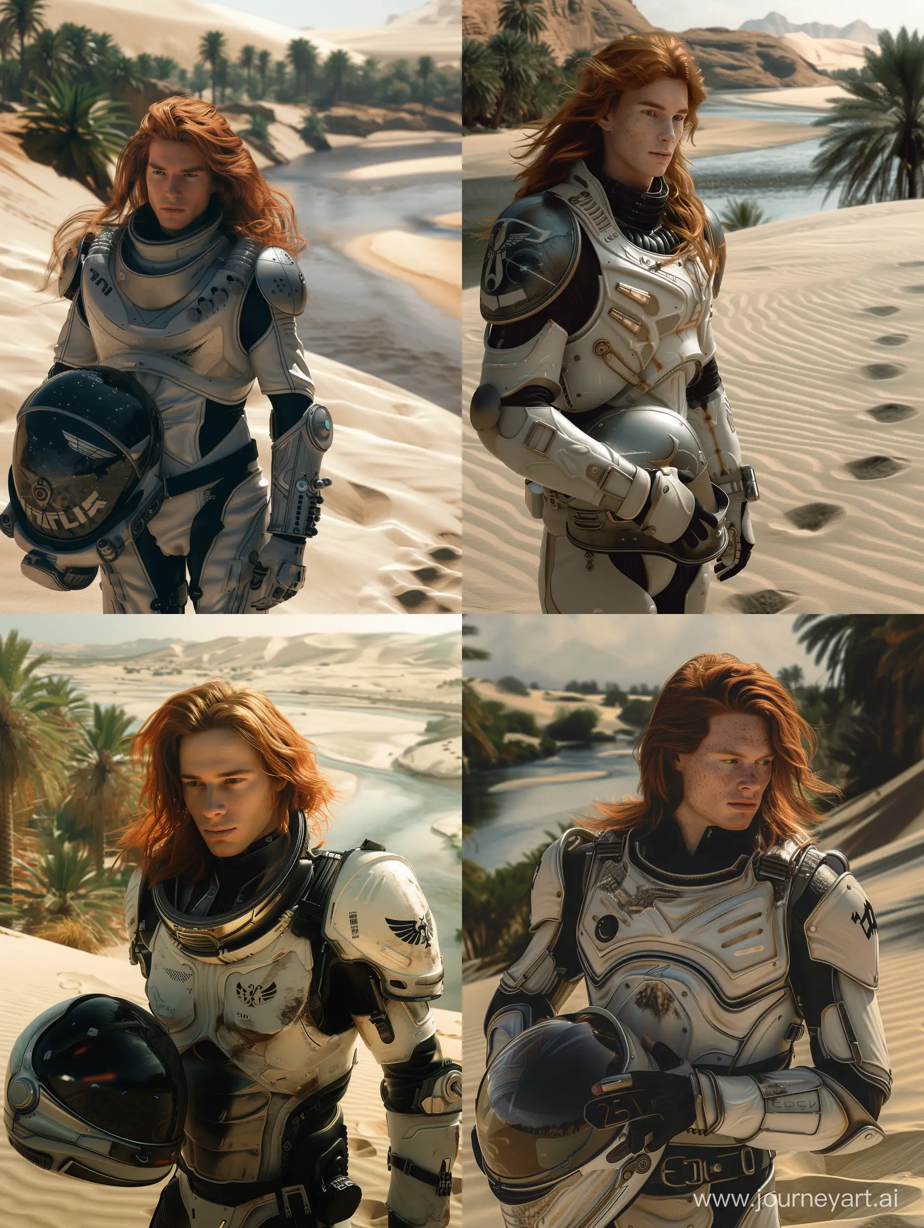 Romantic-RedHaired-Man-in-Futuristic-Armor-Amidst-Desert-Oasis