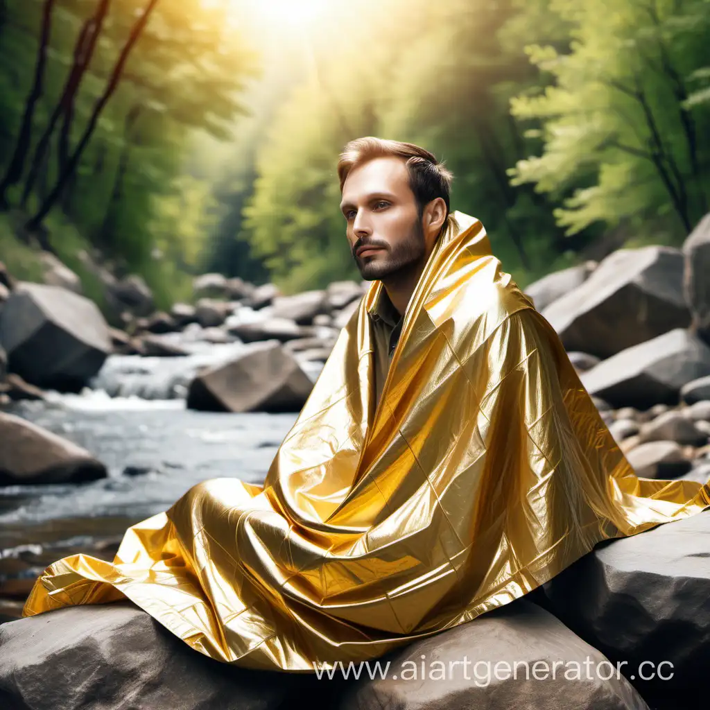 красивый, довольный мужчина без бороды сидит летом на камнях у горного ручья укрытый в блестящее золотое тонкое тормопокрывало для выживания с прямоугольными складками, деревья вокруг