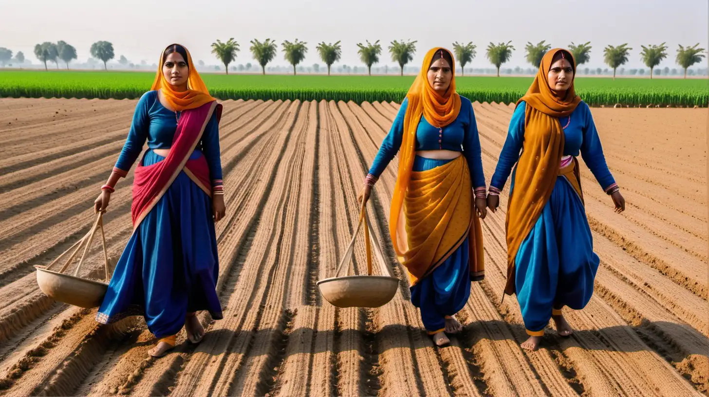 Female Sikh women set in Punjab 300 years ago, working the fields. Strong hard working women.  Showing them working in the fields. 