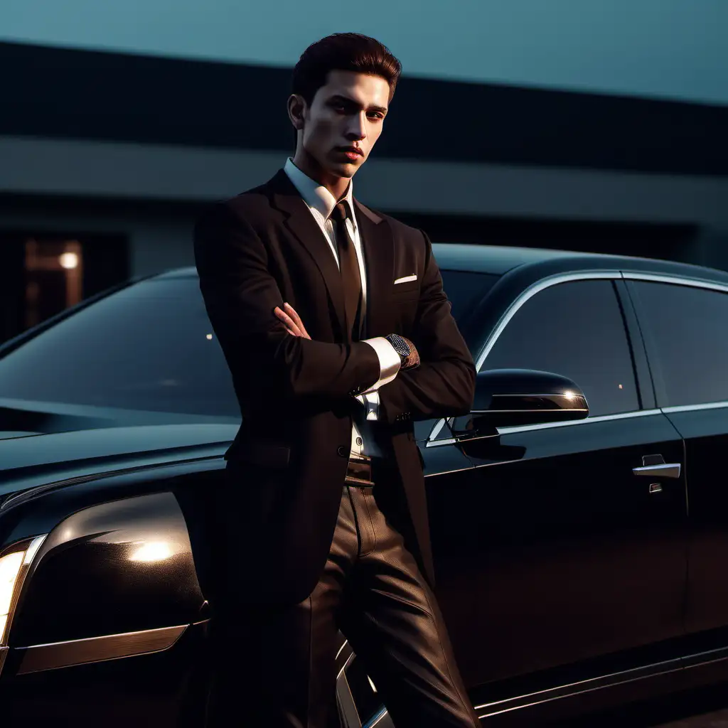 A male Thin-blood, gangster, brown hair, leaning against a black luxury car, dusk, at a business property, realistic