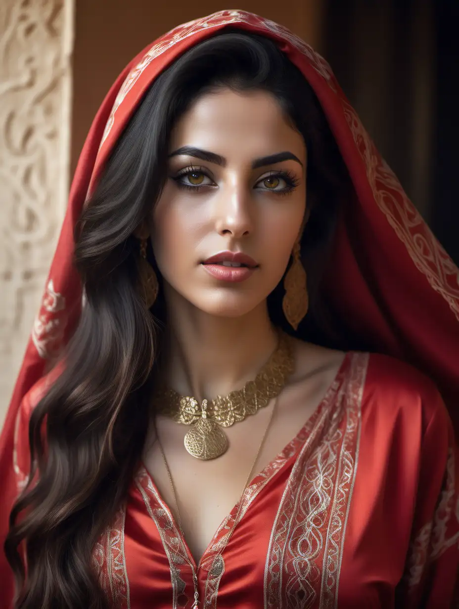 portrait of an adult beautiful elegant arab woman, long black slightly wavy hair, there are some hair strings at the side of her face, elegant, too beautiful, highly realistic, ruddy skin, beautiful, full lips, feeling of lightness and joy, hyperrealism, skin very elaborated, direct gaze, full upper body in picture, she wears a red moroccan caftan dress with a high neckline and no cleavage and the focus of the picture is on her face and shoulders. She also wears golden hanging earrings. She has black fox eyes, long eyelashes, olive skin colour, blushed cheeks, straight thick black eyebrows, her hair is covered by a long veil, golden necklace, slim face