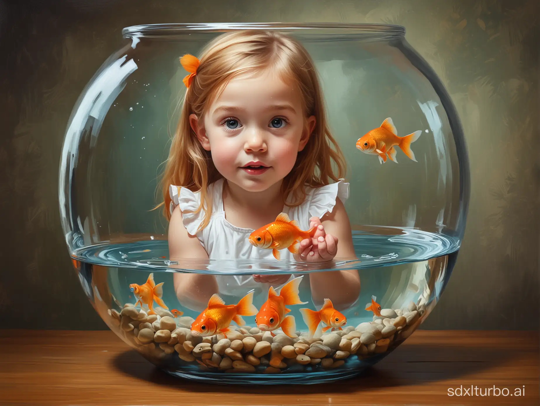 Create an image of a american little girl and her goldfish in a glass fish bowl. Oil painting style. Parody.