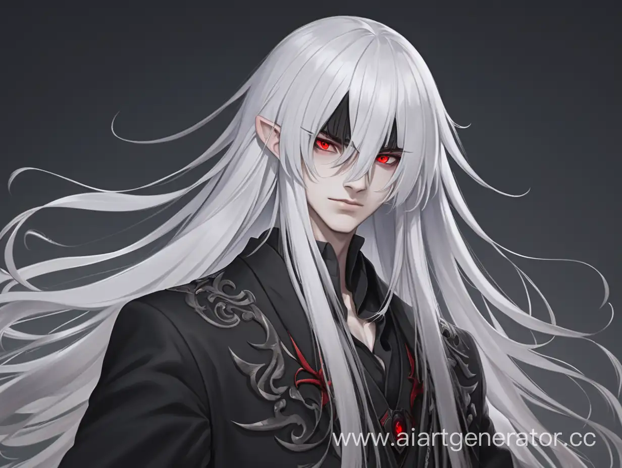 A tall 18 y.o. boy with red eyes and a beastly pupil, long white hair, black clothes