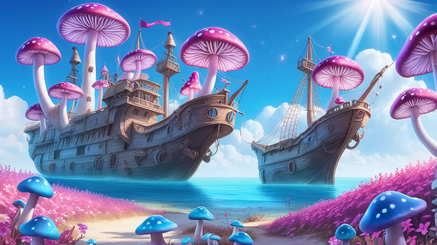 Magical Fairytale bright blue and purple mushrooms and bright-pink flowers-growing on an old-giant ship in an bright sunny sky