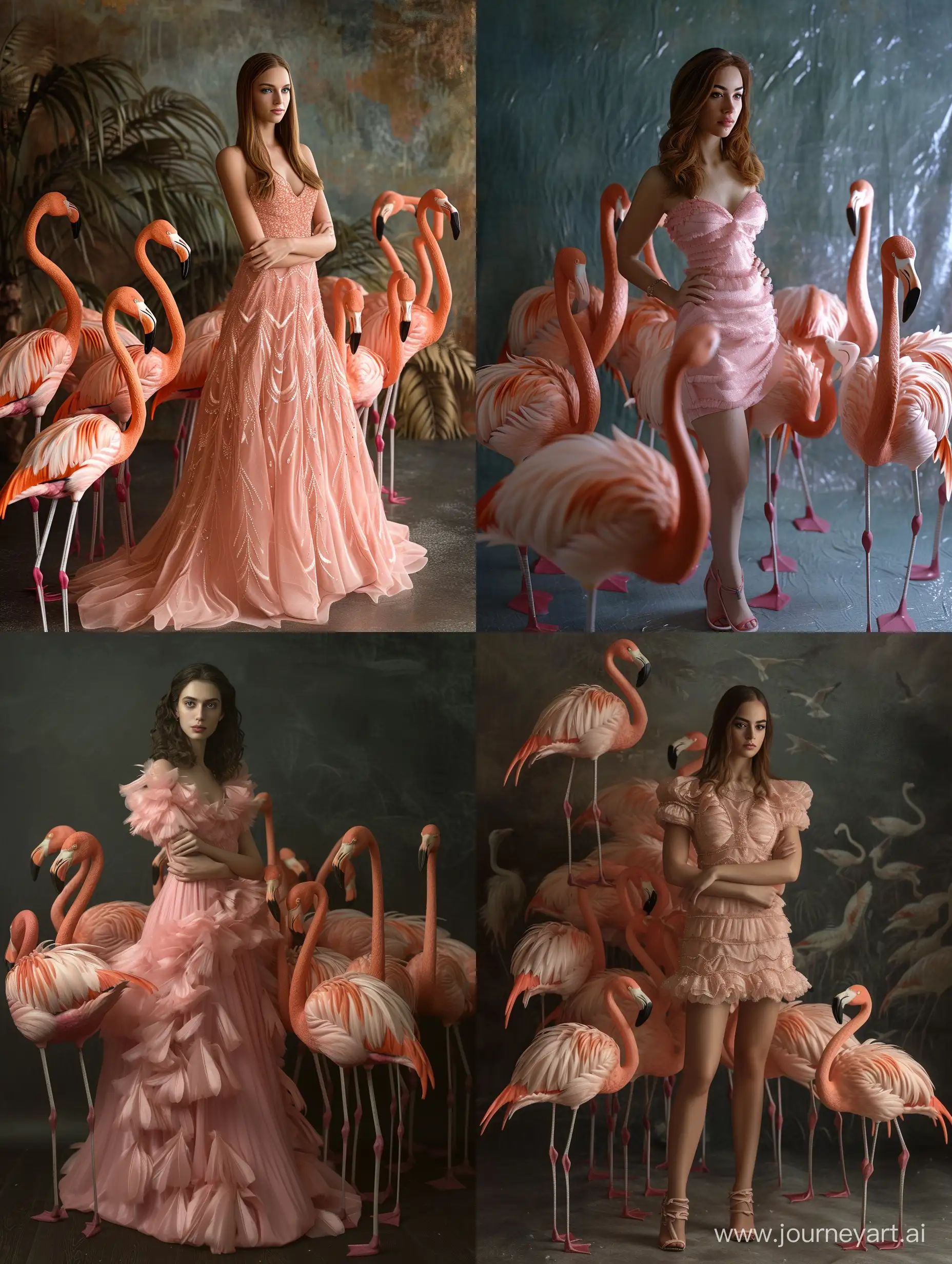 Elegant-Woman-in-Pink-Dress-Amidst-Graceful-Flamingos