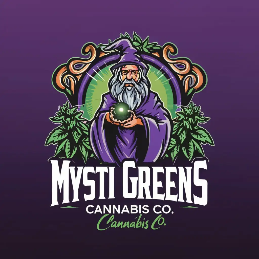 a logo design, with the text 'Mystic Greens Cannabis Co.', main symbol: Marijuana, featuring a Wizard in purple; Moderate, clear background; refined cannabis plants make wizard holding crystal ball and magic wizard staff