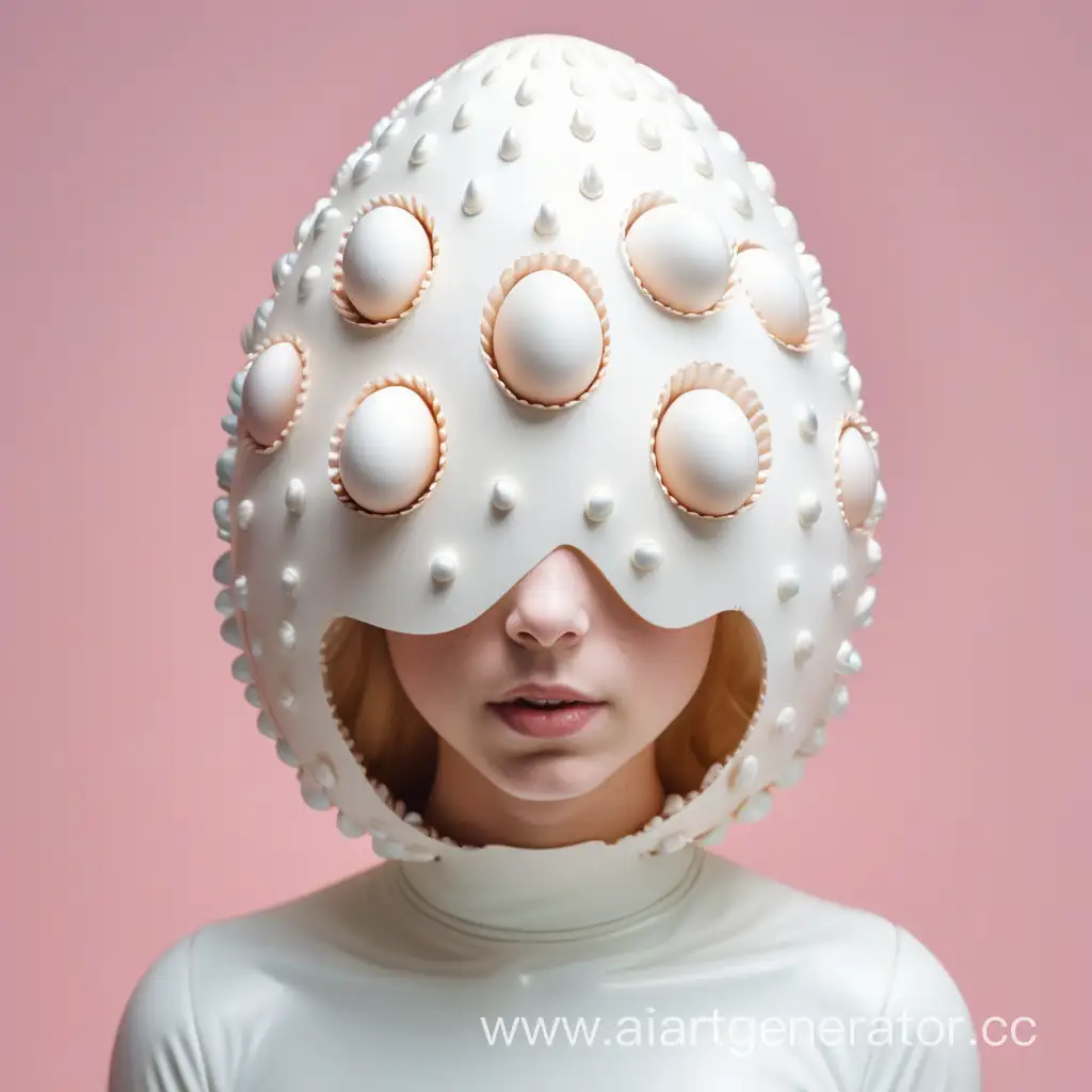 Хуманизация пасхального яйца в латексную девушку с белой латексной кожей со скорлупой на голове. Изображение сделать в милой стилистике