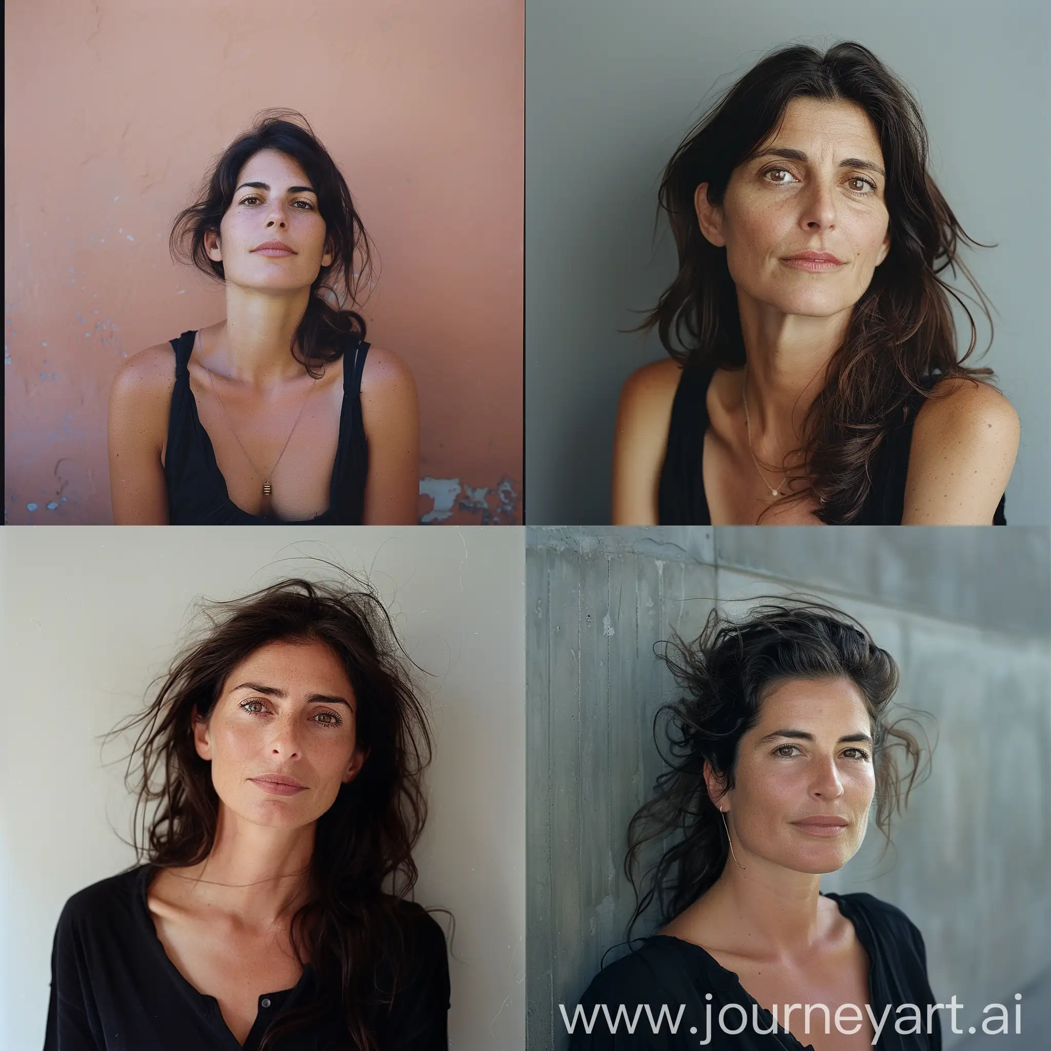 Intimate photographic portrait of an attractive 40 years old Italian woman, in front of a flat wall, playful hair, peaceful and confident expression, deep and captivating eyes, looking at camera, eye contact, summer gentle light, cinematic style, shot with Fujicolor Pro 400H::3 by Chantal Joffe ::2  --style raw