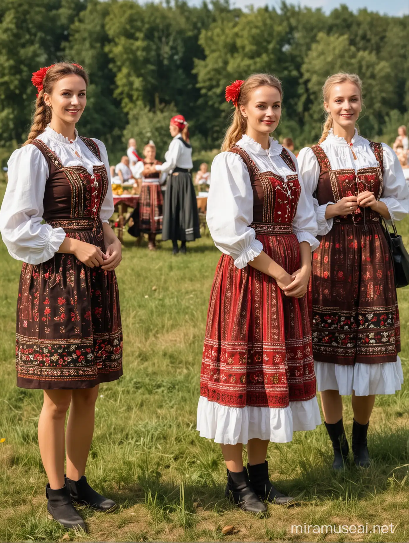 a big outdoor party with polish housewives in folk costumes, lots of national food, many guests from countryside, beautiful natural landscape