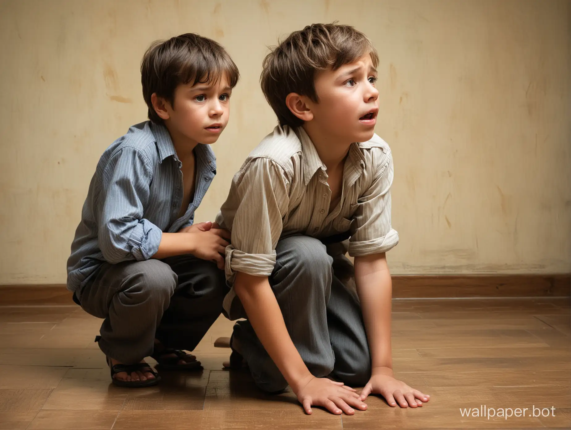 A young boy, no older than ten years old, kneeling on the floor with his hands clasped tightly around the waist of his older brother. The older brother stands towering over the younger one, his expression one of arrogance and dominance. The younger brother's eyes are filled with tears, his cheeks stained with the tracks of his silent sobs. His body is tense and shaking, reflecting the pain and humiliation he is experiencing.