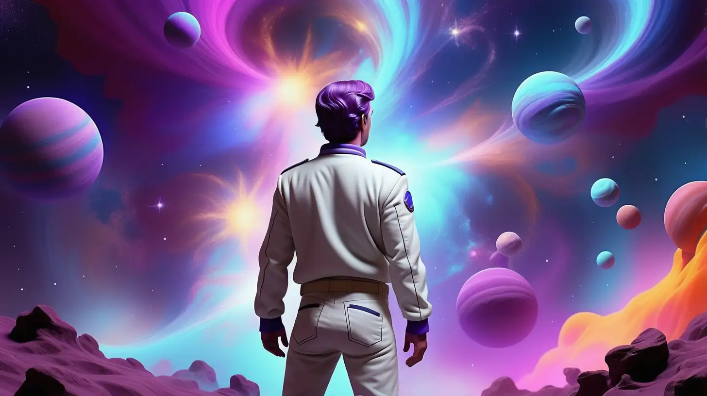 Background with various colors DOMINATED BY PURPLE AND BLUE from the universe, well-lit, featuring numerous stars, vivid colors with cosmic gases, and high resolution. In front of this background, a white man is standing with his back turned, showing him from the waist up, wearing white clothing, and looking at the colorful backdrop. A cinematic image representing a lucid dream.