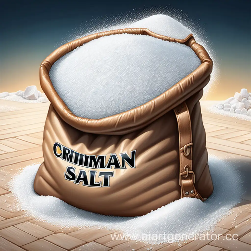 Comix style , overflowing huge bag of salt, revealed , intricate details, high quality, realistic rendering, textured surface, professional lighting, title "Crimean Salt"