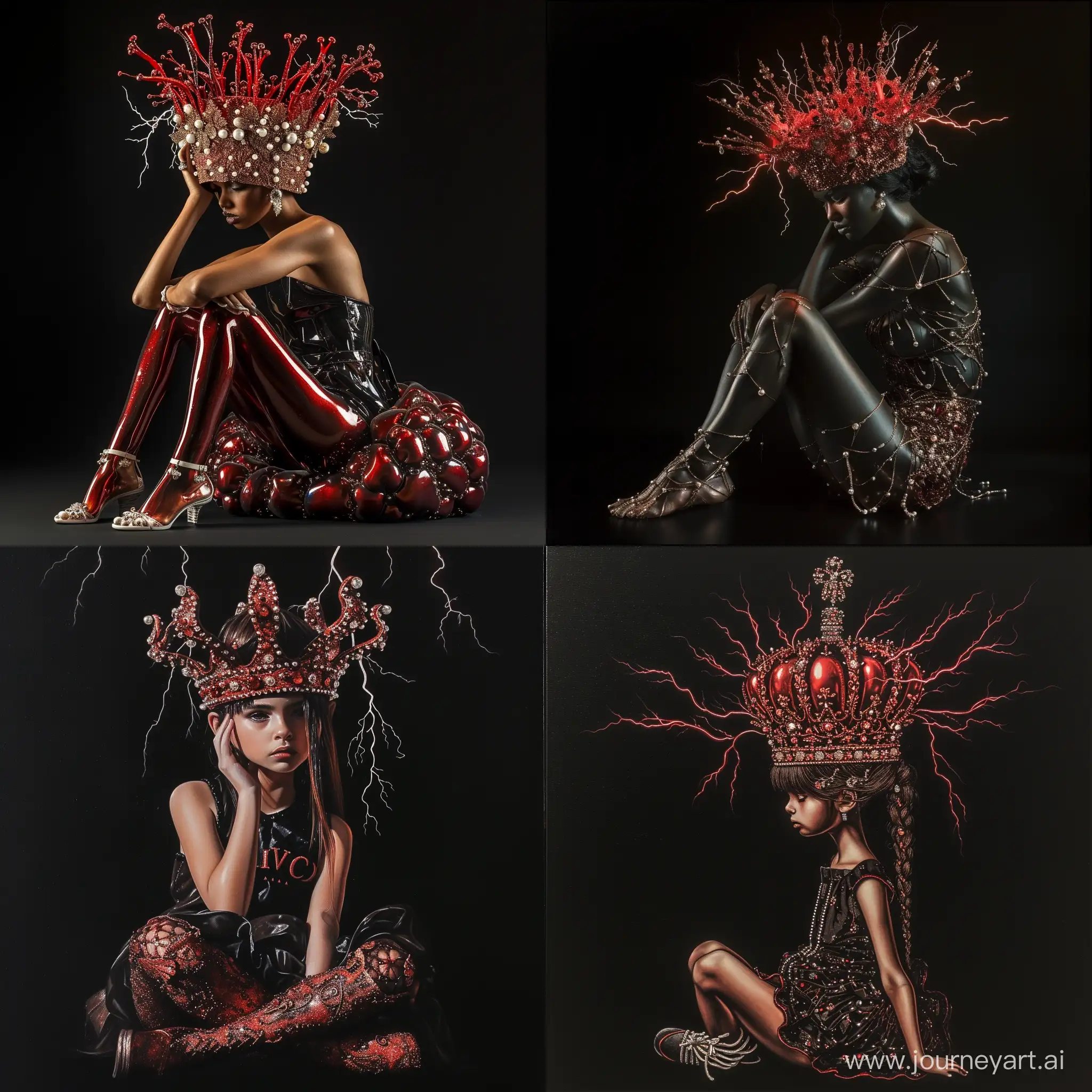 black background girl sitting, beautiful pose, huge crown of red bronze, lightning, pearls, precious stones, glamour, dolce gabbana, surrealism, hyperrealism, grotesque, passion, expression, fantastic, dark fiction